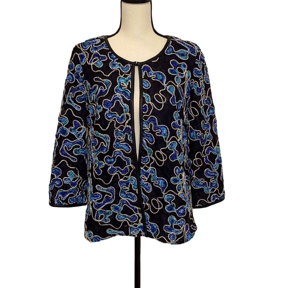 Dennis Basso Black and Blue Embroidered Soutache Jacket Size 10